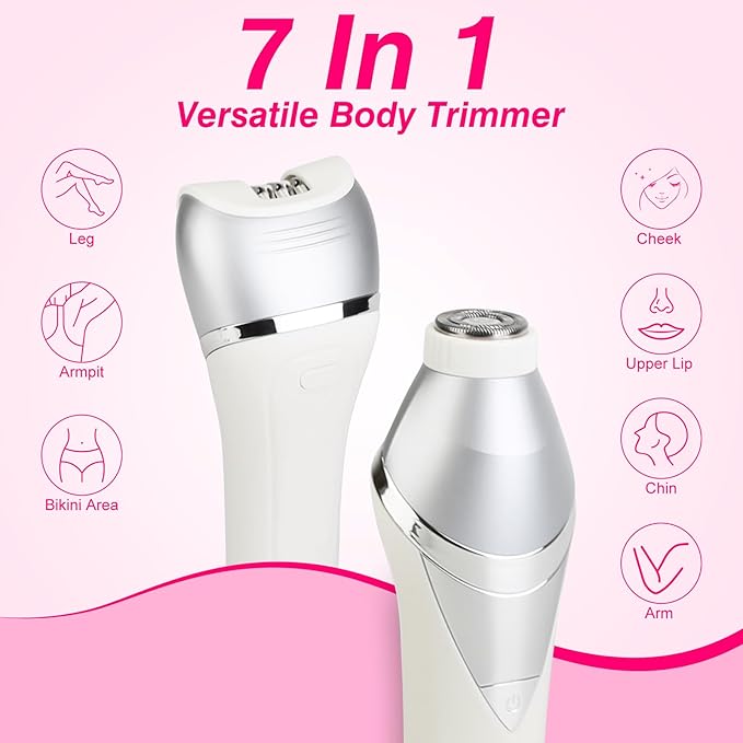 7 in 1 Bikini Trimmer and Shaver Kit for WomenLady Hair Removal Epilators for Leg Face Arm Bikini Armpit Public Hairs IPX6 Wet and Dry Use Cordless Rechargeable Whole Body Trimmer and Shaver Kit
