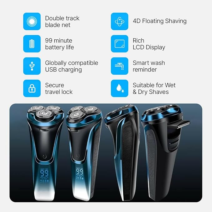 Electric Razor 4d Rotary Ipx7 Waterproof 2025 New Rechargeable Facial Electric Razor for Men Wet &amp Dry Shaving (1 Set)