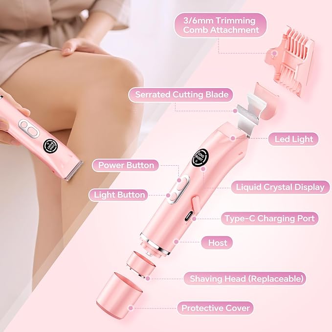 Bikini Trimmer for Women|Hair Removal Shaver - Painless Electric Razor Cordless Body Shaver for Travel Replaceable Lady Facial Razor|Trim Nasal/Eyebrows IPX7 Waterproof&ampEasy Cleaning Ceramic B