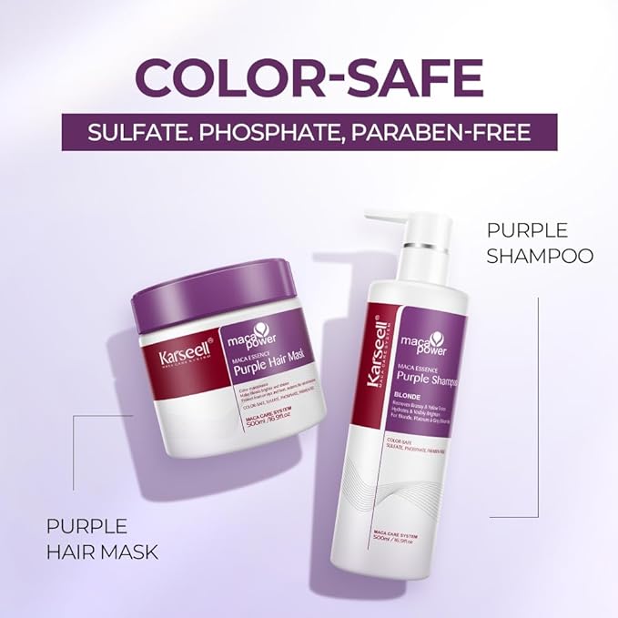 Karseell maca power Purple Hair Mask and Purple Shampoo Set Neutralizes Brass &amp Yellow Tones for Blonde Gray Silver Color Treated Hair 2 x 16.9floz