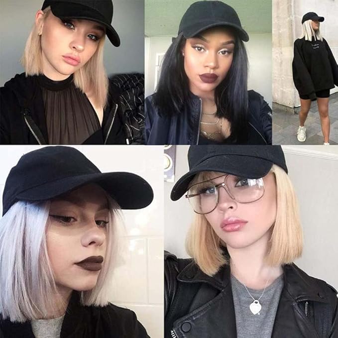 Woman Wig Baseball Cap with Hair Extensions Straight Short Bob Hairstyle Adjustable Wig Hat Duck Tongue Hat Wig