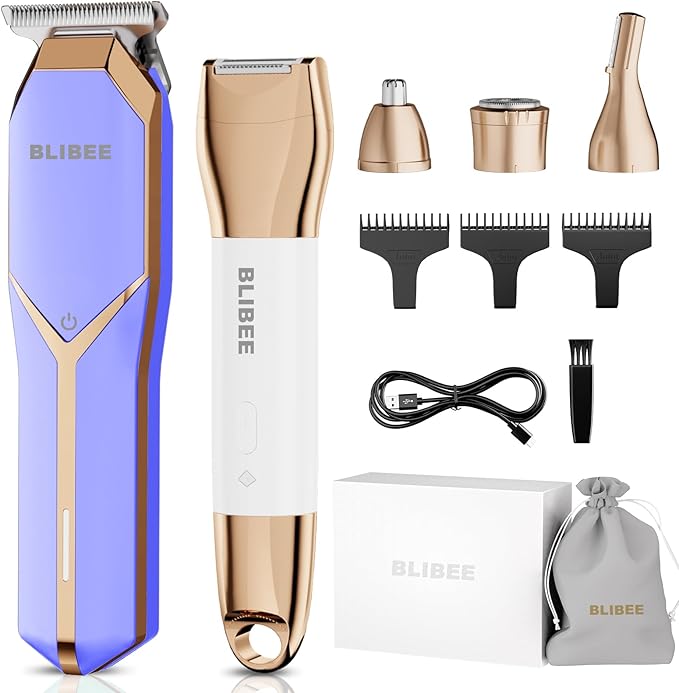 Hair Clippers &amp Bikini Trimmer for Women - Waterproof Electric Clippers and 4 in 1 Bikini Trimmer Set Deluxe Wet/Dry Body Shaver for Nose Eyebrows Beard Pubic Hair Blue