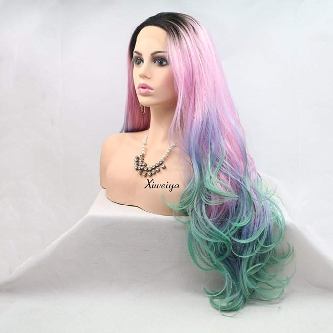 xiweiya Pink to Blue Green Ombre Wavy Wig 24 Long 180% Density Heat Resistant Synthetic Hair Lace Front Medium Cap Size 22.5 Inches