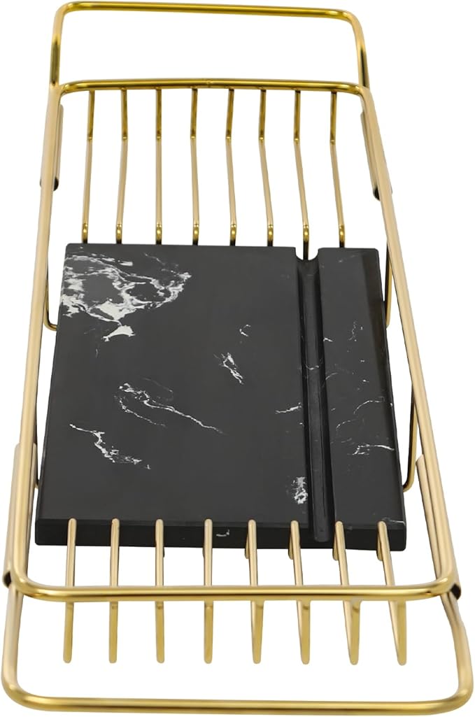 Expandable Bathtub Tray Caddy for Bath Relaxing Bath Table Tub Tray Adjusts from 26.77-35.43 in Ideal for Housewarming Multifunctional Bathtub Bathroom Organizer (Gold + Black)