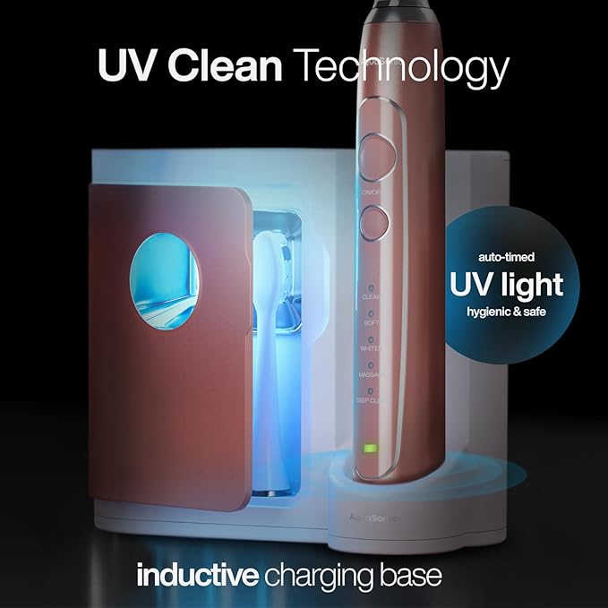 Aquasonic Vibe Series PRO ? Ultra-Whitening Electric Toothbrush ? 5 Modes &amp Smart Timers ? UV Sanitizing Base ? ADA Accepted (Satin Rose Gold)