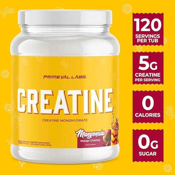 Primeval Labs Clean Creatine Monohydrate Powder | Flavored Powder for Muscle Strength &amp Recovery | Latin Aqua Fresca Flavors | Workout Supplement for Men &amp Women | 120 Servings | Mangonada