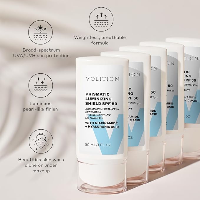 Volition Beauty Prismatic Luminizing Shield SPF50 with Niacinamide + Hyaluronic Acid | Reef-Safe Mineral Face Sunscreen | Lightweight Moisturizer for Broad Spectrum Protection | Luminous Glowy Finish