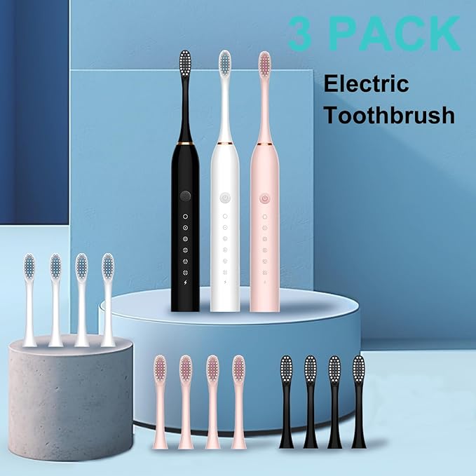 3 Pack Electric Toothbrush for Adults6 Mode Rechargeable Electric Toothbrushes with 12 Replacement Brush Head Fast Charge 2 Min and 30s Timer for Travel Business