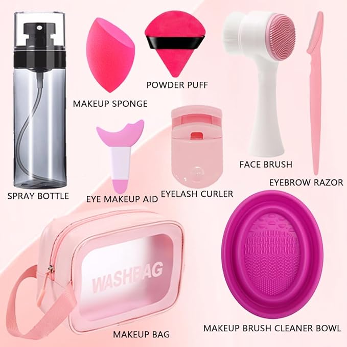 33PCS Makeup Foundation Brushes Tool Set with Sponges Eyelash Curlers Powder Puffs Silicone Washing Bowls Eye Aids Nano Spray Bottles Exfoliating Face Brushes Eyebrow Trimming Storage Bag