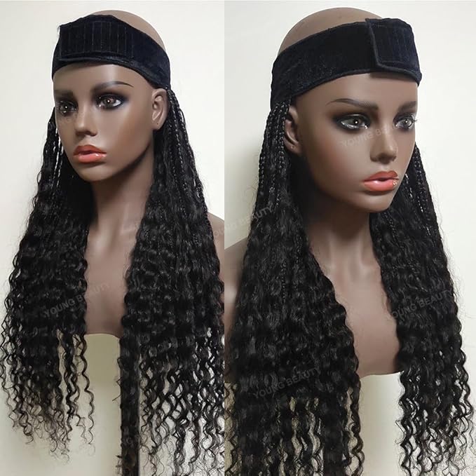 Boho Box Braids Band Wig with Human Hair Curly Ends Grab &amp Go Boho Band Braids Hair Extensions Goddess Boho Briaded Hat Wigs without Cap 12inch Natural Black