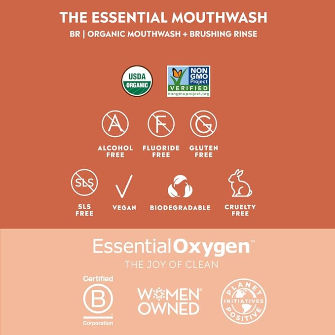 Essential Oxygen BR Certified Organic Brushing Rinse All Natural Mouthwash for Whiter Teeth Fresher Breath and Happier Gums Alcohol-Free Oral Care Cinnamint 2 Piece Set 16 Oz