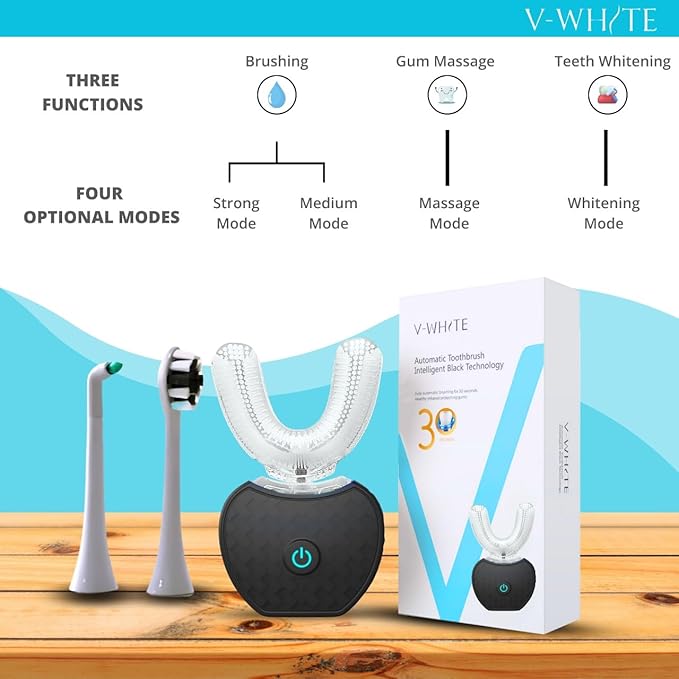 V-WHITE Ultrasonic U-Shaped Toothbrush for Teeth Whitening Electric Toothbrush For Adults - 360° Mouth Cleansing Hands Free Gums Protection - Wireless Charging &amp LED Light -Waterproof IPX7 Certi