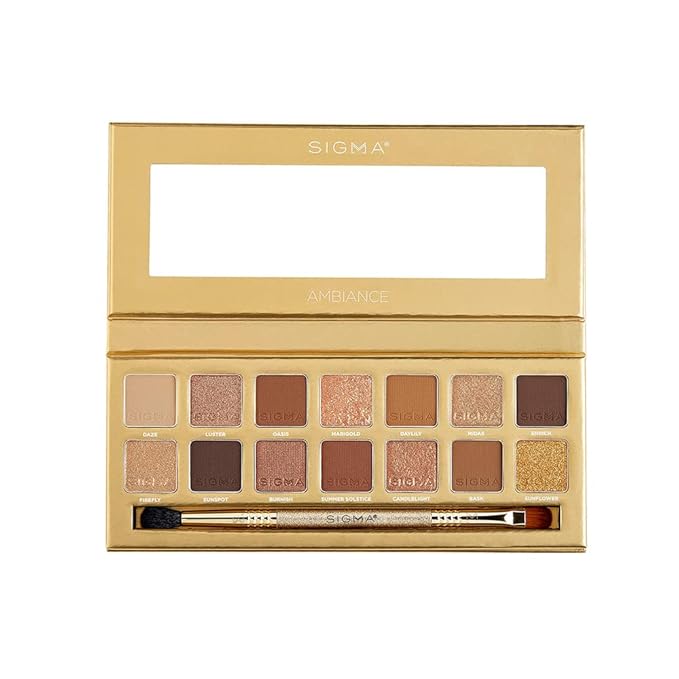 Sigma Beauty Ambiance Eyeshadow Palette | Luminous Neutral and Gold Shades | Summer Vibes Mirror Included