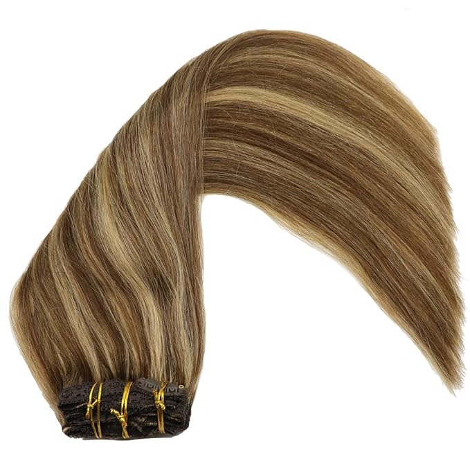 Human Hair Lace Clip In Hair Extensions Thick Ends Highlights Piano Color Chocolate Brown/Strawberry Blonde 16inch 100g Remy Hair Extensions