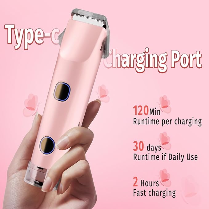 2-in-1 Bikini Trimmer for Women Bikini Shaver with Dual Heads Body and Facial Hair Removal Cordless Rechargeable Electric Razors for Face Chin Pubic Underarm Legs IPX7 Waterproof Pink