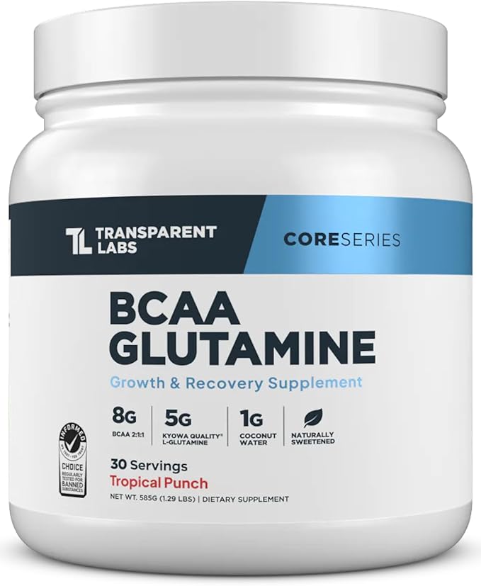 Transparent Labs BCAA Glutamine - 8000 Mg of BCAA Powder with L Glutamine for Post Workout Recovery Muscle Growth &amp Increased Endurance - 30 Servings Tropical Punch