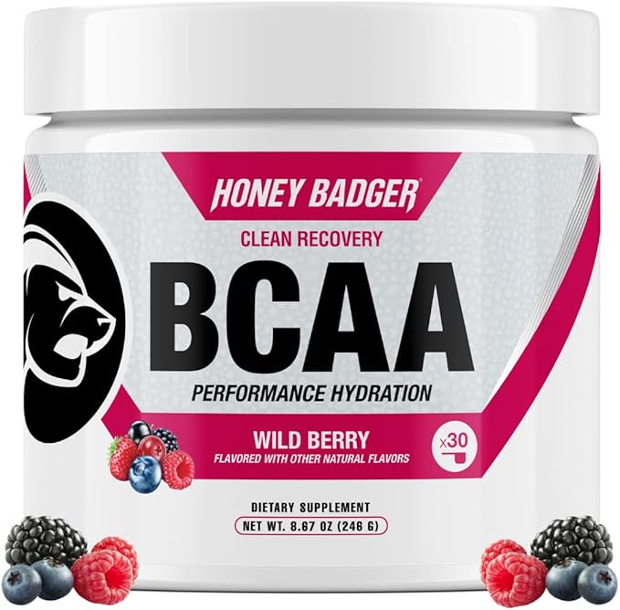 Honey Badger BCAA + EAA Amino Acids Powder BCAAs + L-Glutamine Keto Vegan Sugar Free for Men &amp Women Hydration &amp Post Workout Muscle Recovery Drink Mix Wild Berry 30 Servings