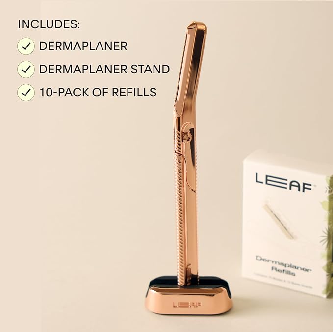 Leaf Shave | Leaf Dermaplaner Kit All-Metal Reusable Dermaplane Razor and Exfoliating Tool for Women Includes Matching Stand and 10-Pack of Refills - Mercury