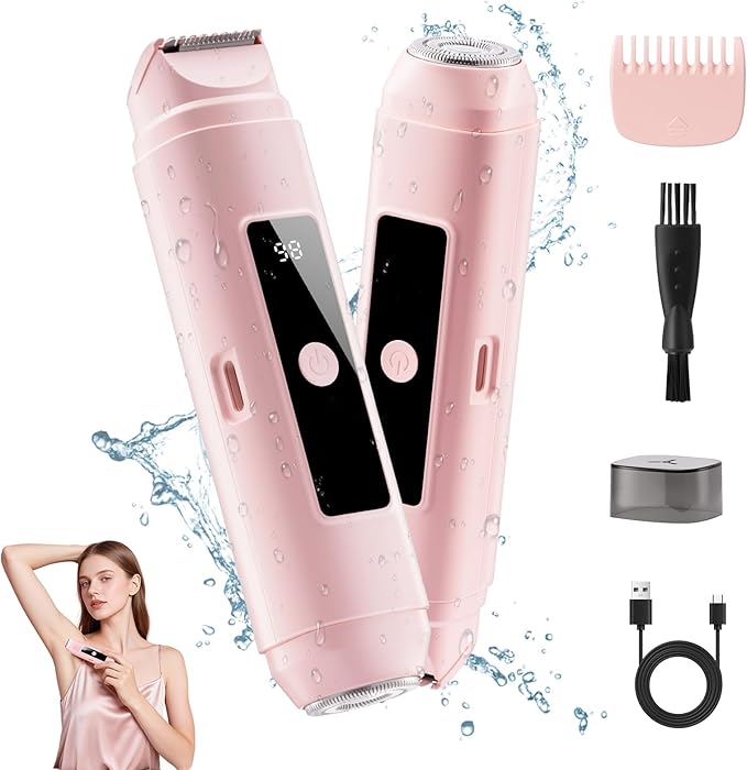 Bikini Trimmer for Women: 2-in-1 Electric Shaver with Digital DisplayIPX7 Waterproof &amp Easy Cleaning&amp Travel Lock - Dual Head Trimmer for Underarms Legs Face (Pink)