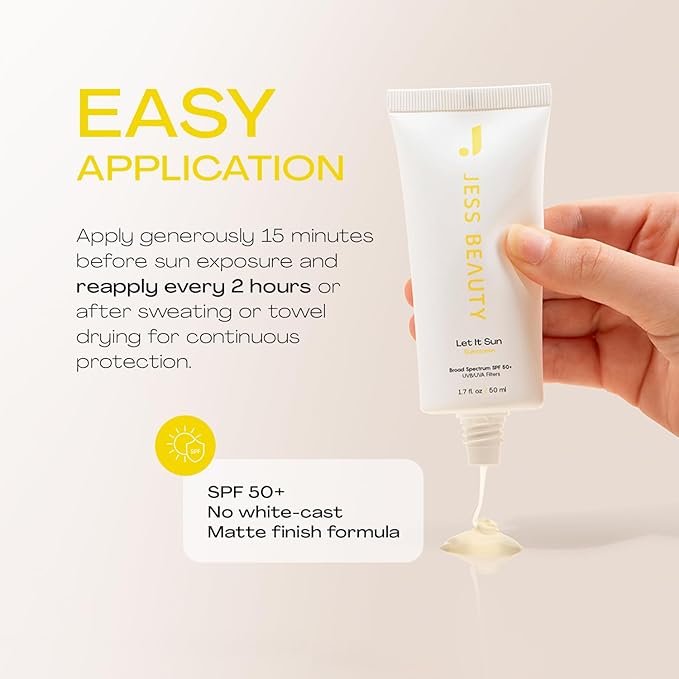 JESS BEAUTY | Let it Sun 50+ Sunscreen Green Tea &amp Aloe Extract | Skincare Sun Protection 1.7 fl oz