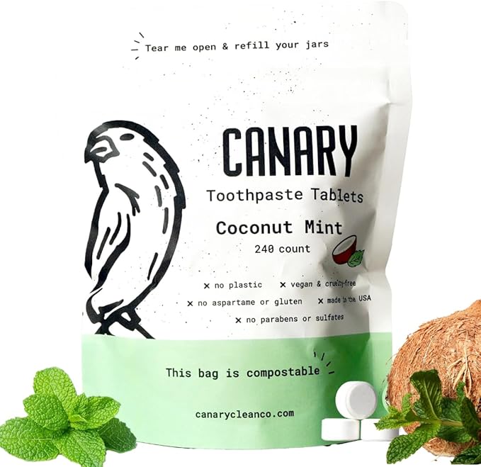 Canary Nano Hydroxyapatite Toothpaste Tablets Coconut Mint - Remineralizing Fluoride Free All Natural Tabs with Xylitol - Great for Travel Plastic Free - 240 Count