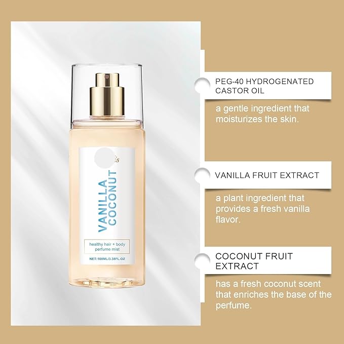 Vanilla Coconut Body Fragrance Mist - Long-Lasting Scent Portable &amp Refreshing Enhances Natural Charm(3PCS)