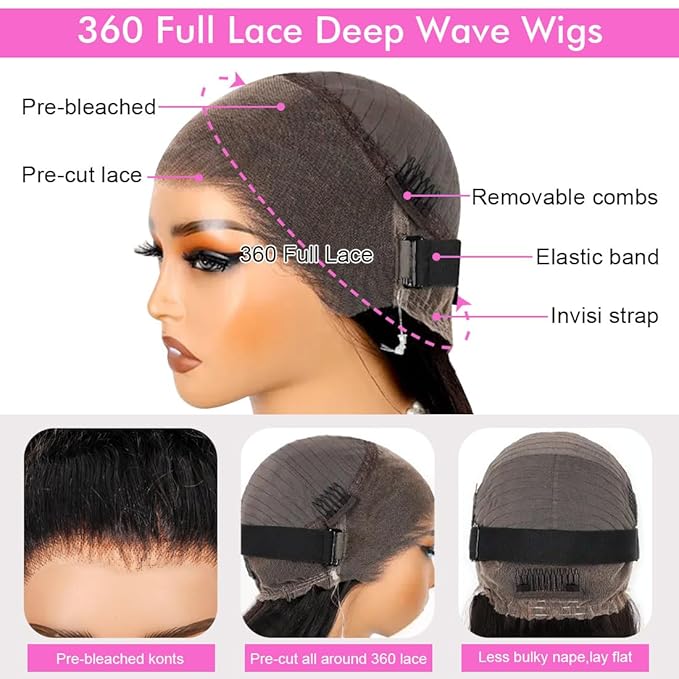 Healthair Hidden Strap 360 Full Lace Front Wigs Human Hair Invisible Strap Pre Plucked Bleached Konts Pre Cut Lace Deep Wave HD Lace Frontal Wig with Drawstring 360 Glueless Wigs(26inch)