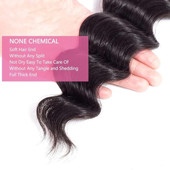 Loose Deep Wave Human Hair Bundles 100% Unprocessed Brazilian Virgin Remy Hair Extension (18 20 22 24 Inch) Natural Black Color for Women Soft and Full No Tangle and Shedding