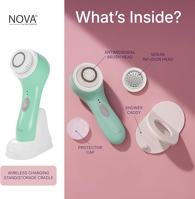 Spa Sciences - NOVA - Sonic Cleansing Brush with Bristles &amp Infusion System ? Anti-Aging Facial Exfoliating Waterproof and USB Rechargeable