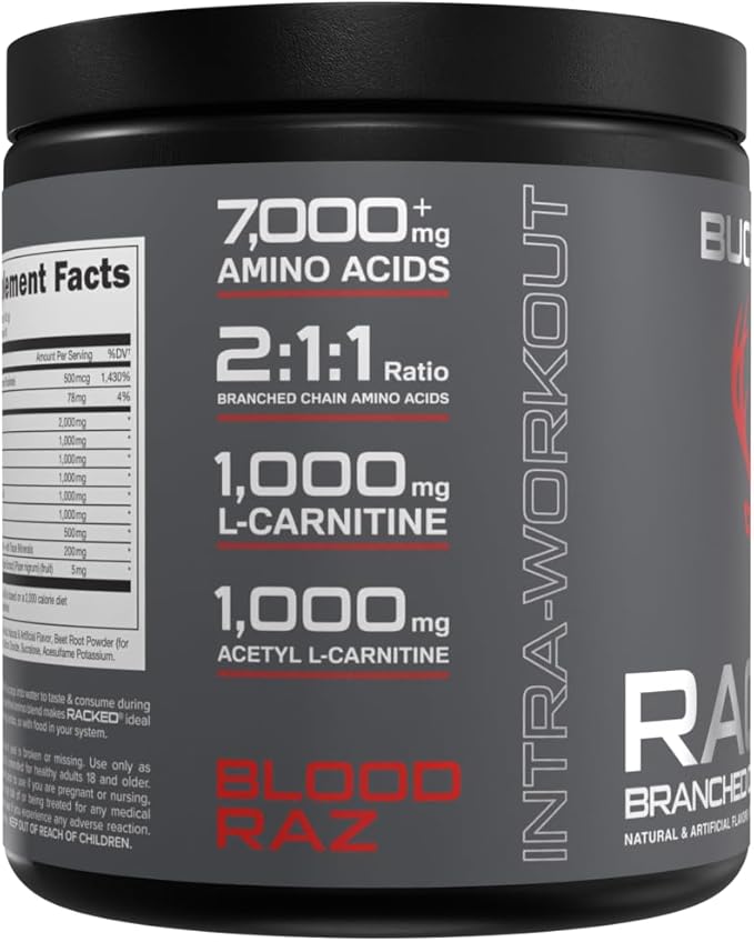 Bucked Up- BCAA RACKED??Branch Chained Amino Acids | L-Carnitine Acetyl L-Carnitine GBB | Post Workout Recovery Protein Synthesis Lean Muscle BCAAs That You Can Feel! 30 Servings (Blood Raz)