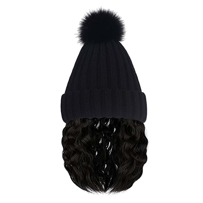 Beanie Hat Wig Winter Warm Knitted Black Beanie Hat with bob Curly Wavy Hair Extension Synthetic Hairpiece hat Wig