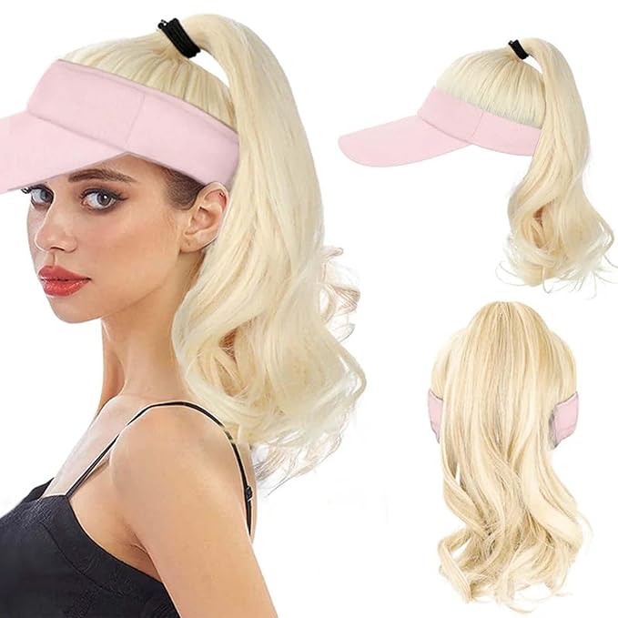Visor Hat Wig for Women Baseball Cap Wig with Curly Synthetic Hair Extensions Ponytail Cap Wig Sun Hat with Hair Wig