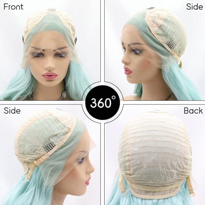 xiweiya Long Mint Green Wigs Long Body Wavy Synthetic Blue Green Lace Front Wig Heat Resistant Fiber Hair Replacement Full Wig For Women 13x3 Lace Wig 24inch