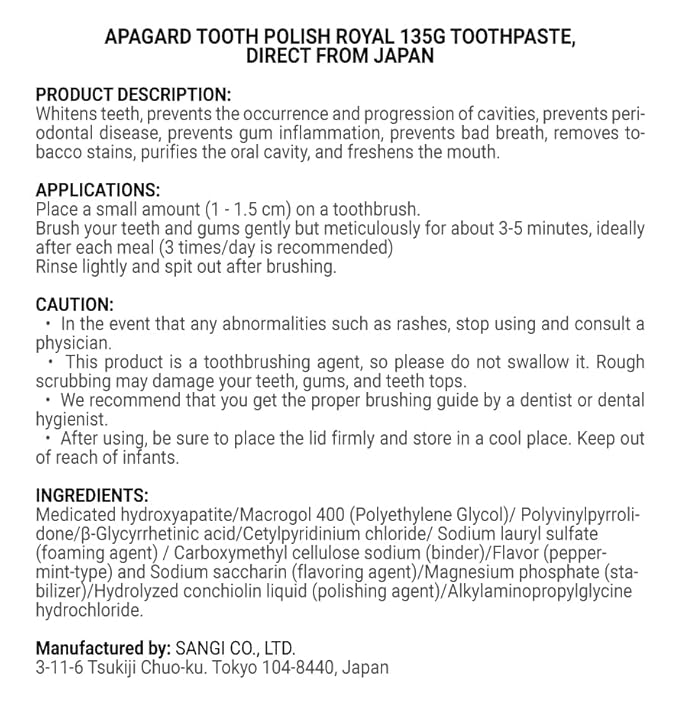 Apagard Tooth Polish Royal 135g toothpaste Direct from Japan
