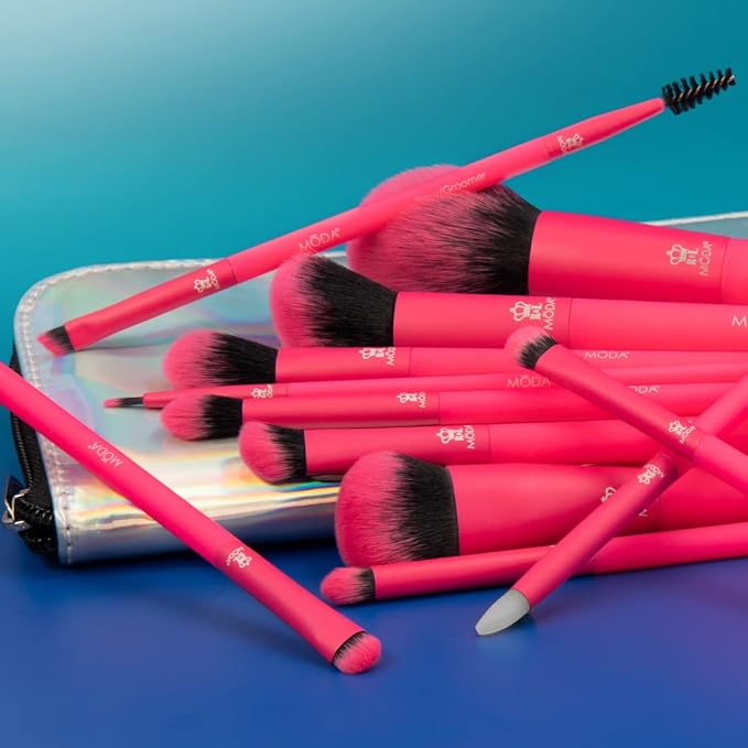 MODA Totally Electric Neon Full Face Makeup Brush Kit ? 13pc Vibrant Brush Set for Face &amp Eyes with Zip Case (Neon Pink)
