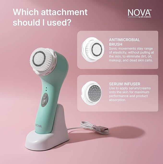 Spa Sciences - NOVA - Sonic Cleansing Brush with Bristles &amp Infusion System ? Anti-Aging Facial Exfoliating Waterproof and USB Rechargeable
