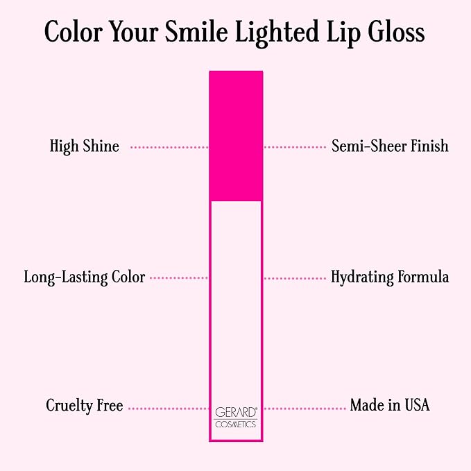 Gerard Cosmetics Color Your Smile Lip Gloss Pink Frosting Super Pigmented Pink Glitter Lip Gloss with LED Light and Mirror Shiny Finish Hydrating Liquid Lip Color