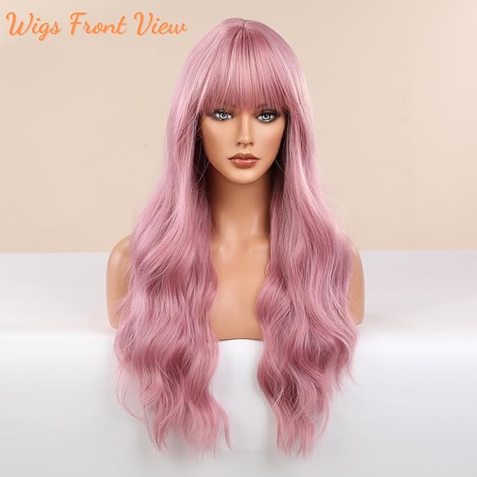 Honygebia Light Pink Wig Bangs - Baby Pink Wigs for Women Long Wavy Coral Pink Heat Resistant Hair Natural Looking Bright Synthetic - Best Wigs for Halloween/Christmas/Cosplay/Party