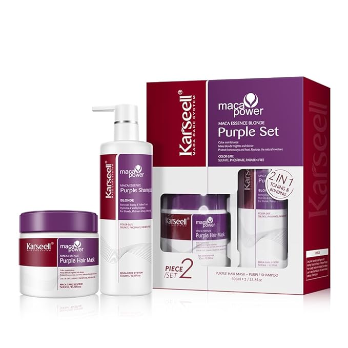 Karseell maca power Purple Hair Mask and Purple Shampoo Set Neutralizes Brass &amp Yellow Tones for Blonde Gray Silver Color Treated Hair 2 x 16.9floz