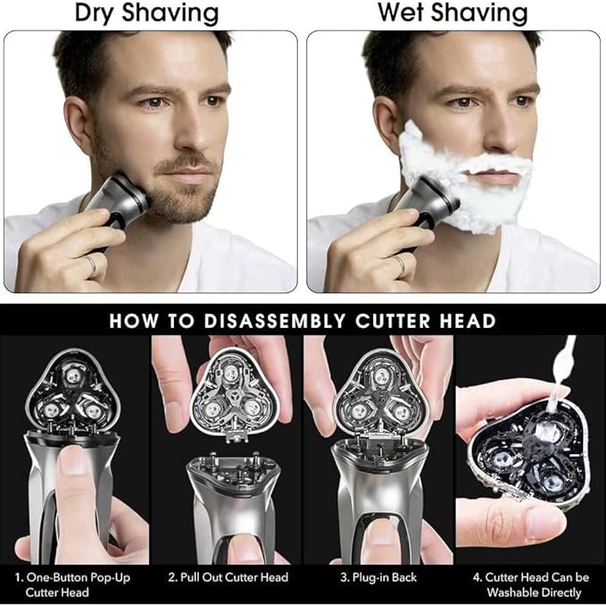 Head Shaver for Men Electric Face Shaver Razor for Men 3D Floating Blade Washable USB Rechargeable Shaving Beard Machine (Color : Black)