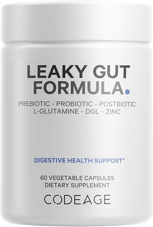 Codeage Leaky Gut Supplement L-Glutamine N-Acetylglucosamine Probiotic Butyric Acid Polyphenols Quercetin DGL Marshmallow Root Berberine BioPerine Cinnamon Vegan Non-GMO 60 Capsules