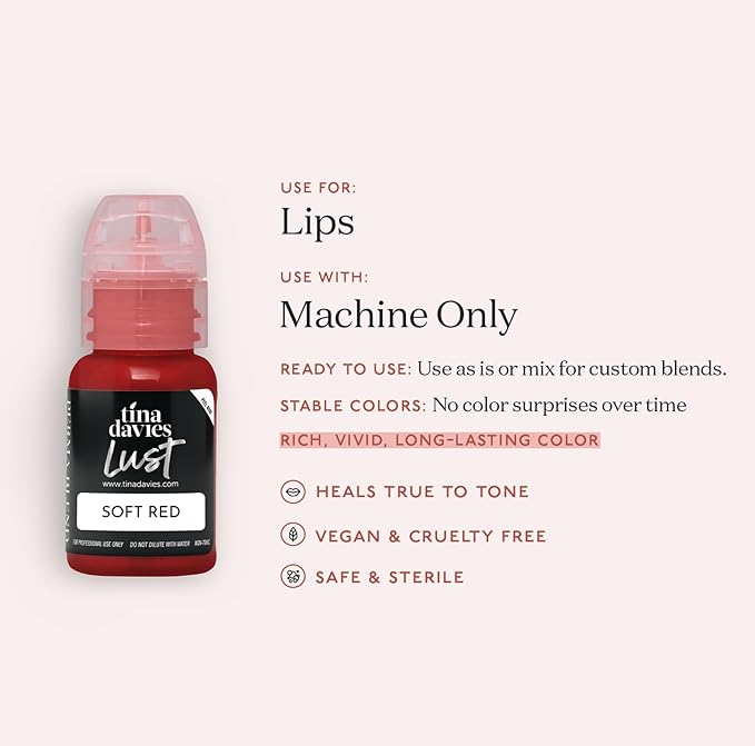 Tina Davies Professional Envy &amp Lust Lip Pigments - Permanent Lip Makeup - Colors Heal True to Tone - High Retention - Lust Soft Red 1/2oz/15ml Bottle