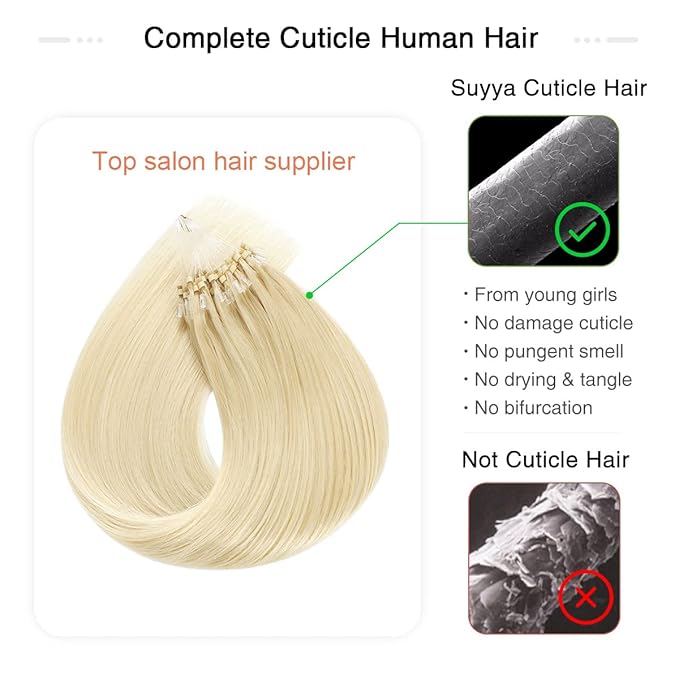 SUYYA Micro Links Hair Extensions Platinum Blonde Micro Loop Human Hair Extensions Straight Microlink Hair Extensions Human Hair 50 Strands 50g/Pack for Women(18 inch #60 Platinum Blonde)