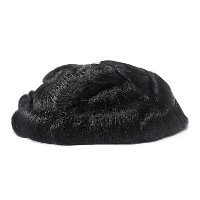 Toupee for Men Human Hair Mens Toupee European Virgin Human Hair Units Curly Wave Mens Wigs Toupee Hair Real Human Replacement System for Man AUS Prosthesis Units Patch #1B Off Black (7x10)