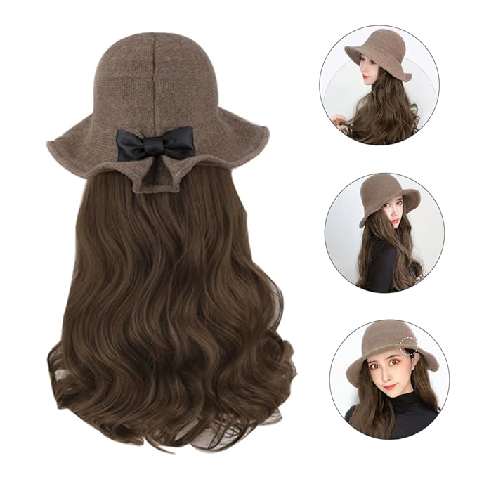Long Wavy Curly Wig Hat for Women and Khaki Synthetic Hair Extension with Natural Texture Lightweight Fashion Accessory for Volume and Easy to Style and Wear