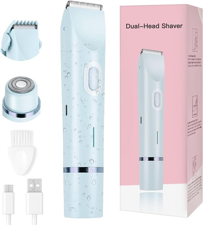 Women's Bikini Trimmer 2-in-1 Electric Shaver for Bikini Line Legs Underarms Face - Waterproof Women's Electric Shaver for Sensitive Skin USB Rechargeable (Blue)