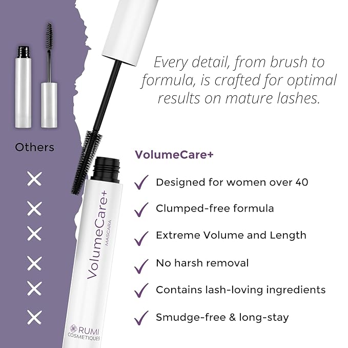 Rumi Cosmetiques VolumeCare+ Mascara For Mature Women - Extreme Length and Volume 2-in-1 Formula - No Clumps or Flaking Long-Wearing Hypoallergenic Mascara For Sensitive Eyes (Natural Black)
