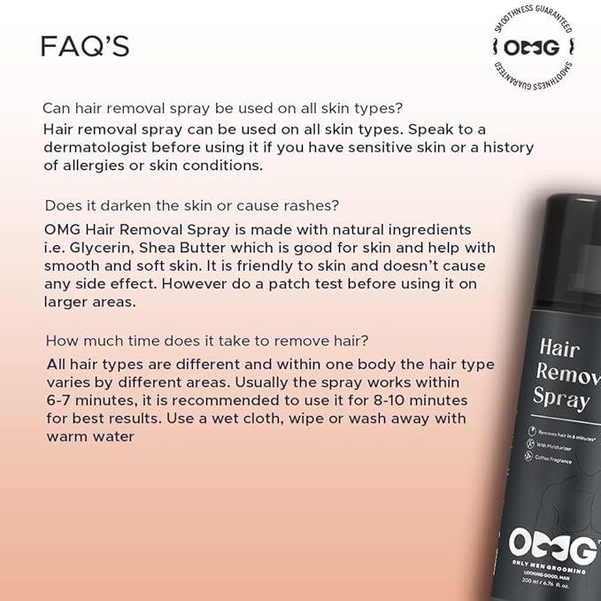 O.. M.. G Hair Removal Spray for Men | Painless Body Hair Removal Spray for Chest Back Hands Legs and Intimate Areas | 200ml