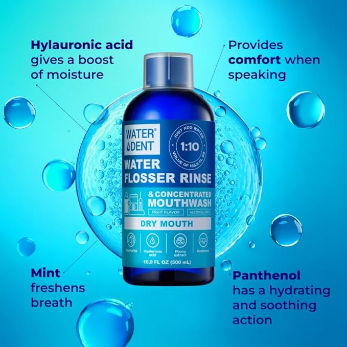 Concentrated Irrigant and mouthwash Dry Mouth | Add to Water Flossers | Fruit Flavor | When dilluted 16.9 fl.oz = 186 fl.oz | Alcohol Free Fluoride Free. Made in USA (Non-Medical) WATER DENT