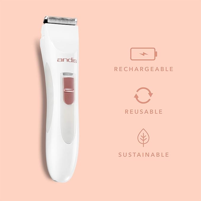 Andis 24630 Women's Personal Electric Trimmer - Detachable Stainless-Steel Blade - for Legs Underarms Hair Removal - Rechargeable Cordless Slim Design - 6-Piece Kit White